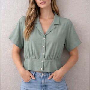 Madewell Sage Green Cropped Button Down Blouse Short Sleeve Casual Shirt Top XL